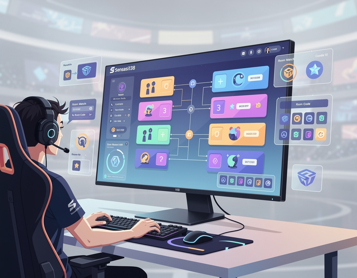 Ilustrasi panduan admin room match dan room code untuk turnamen game online sensasi138 dengan bracket dan room match